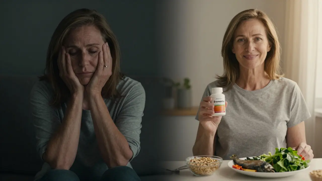 Žena v únavě vlevo, stejná žena energická vpravo, s potravinami bohatými na vitamíny B.