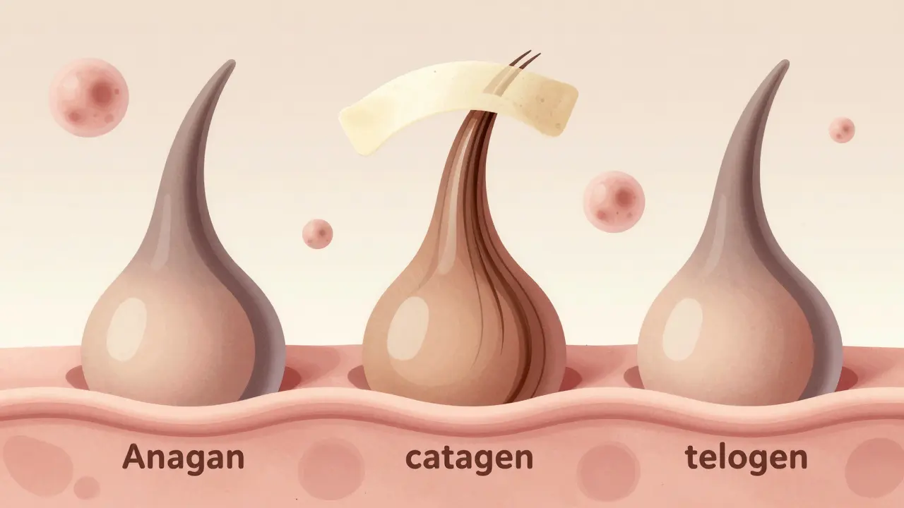 Abstraktní ilustrace tří fází růstu vlasových folikulů s voskovou páskou.