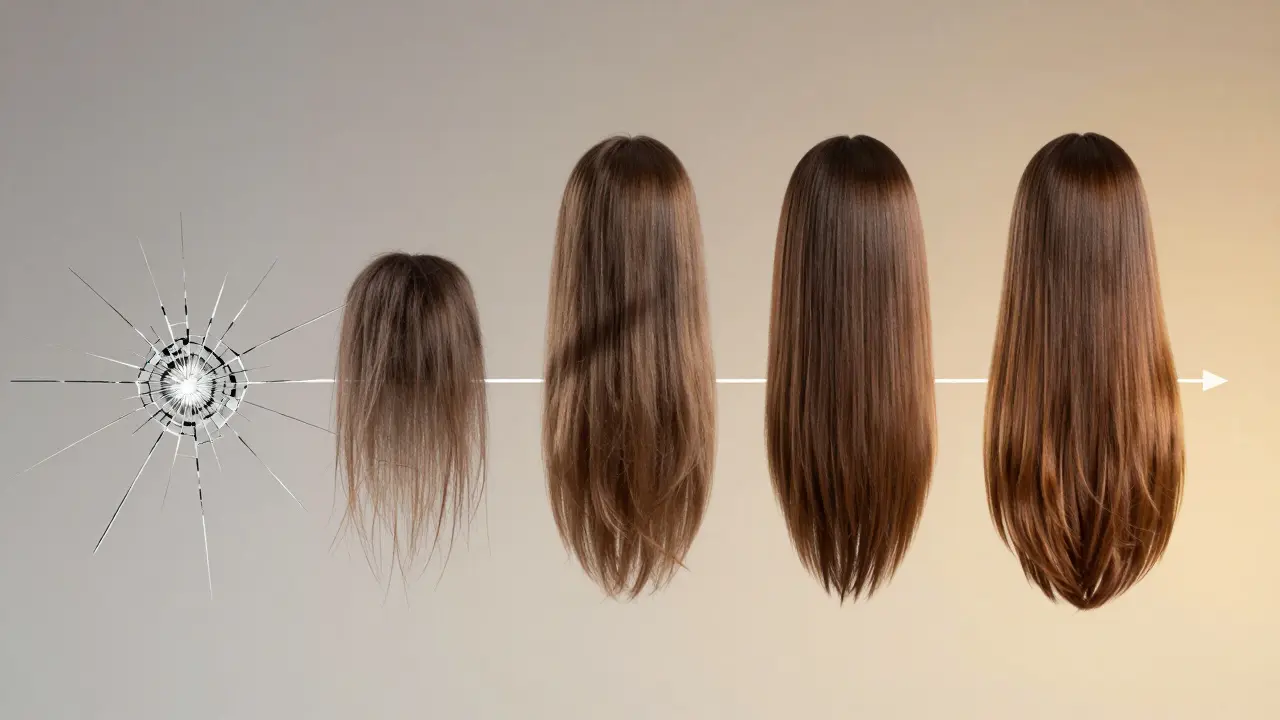 Časová osa transformace suchých vlasů do zdravých a lesklých.
