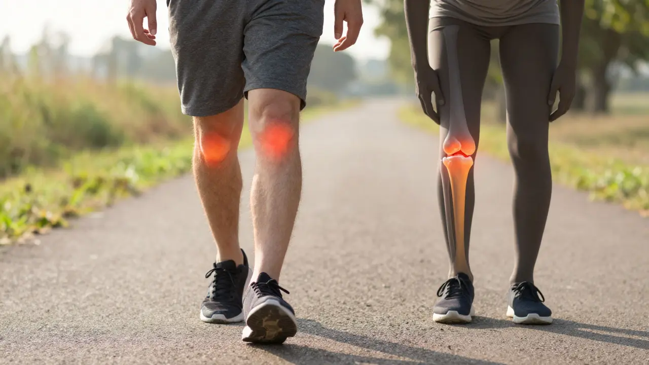 Člověk chodí bez bolesti, jeho klouby jsou zdravé a světélkují.