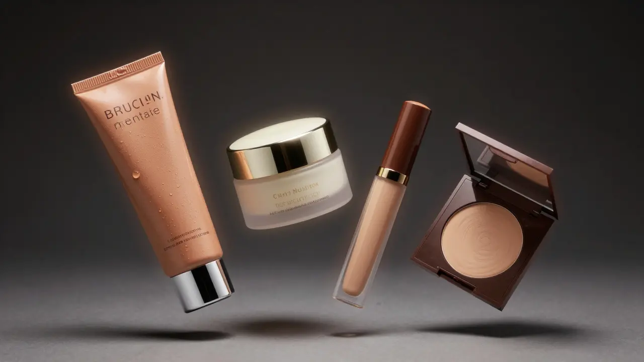 Čtyři tělové kosmetické produkty ve vzduchu s jemnými barevnými zářemi.