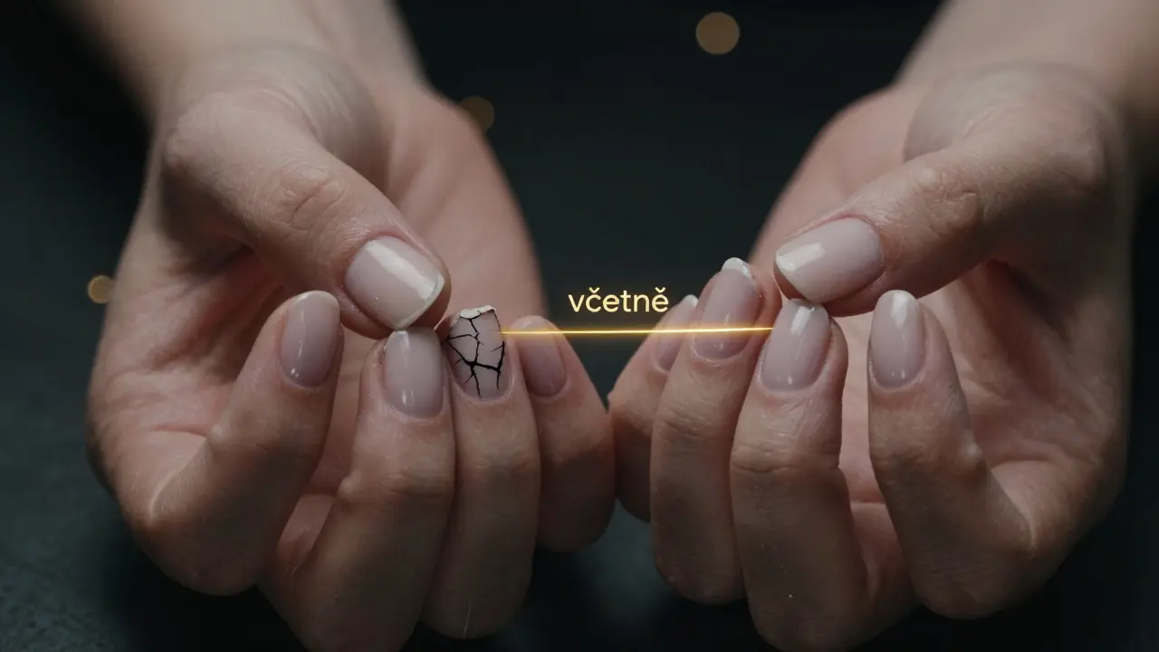 Dvě ruce: jedna s poškozenou manikúrou, druhá s dokonalou, chráněnou hranou laku.