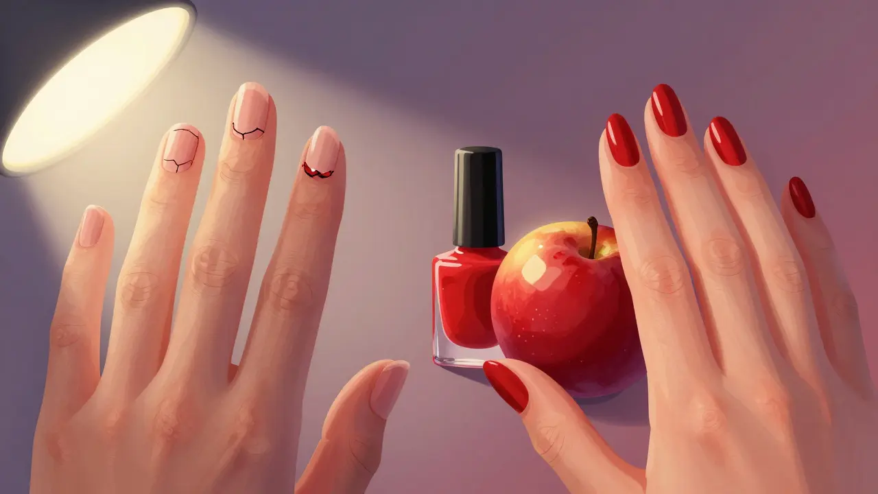 Dvě ruce: jedna s poškozenými nehty, druhá s krásně zmanikúrovanými nehty, mezi nimi láhev proti kousání.