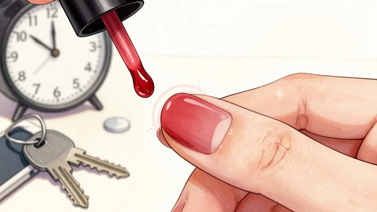 Ilustrace nehtu s ochranným prstencem laku, který odolává vlhkosti a opotřebení.