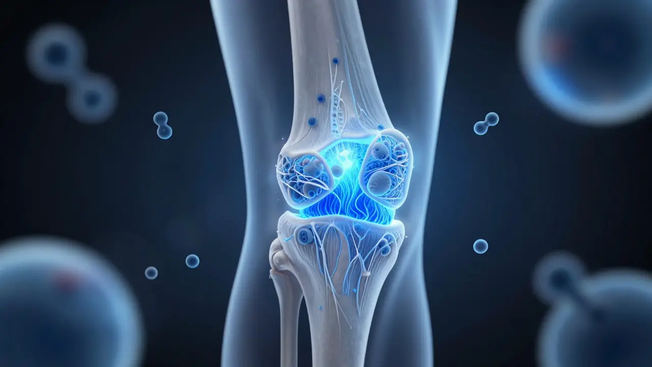 Kloubní chrupavka s pružnými vlákny kolagenu typu 2 a molekulárními peptidy v kloubní tekutině.