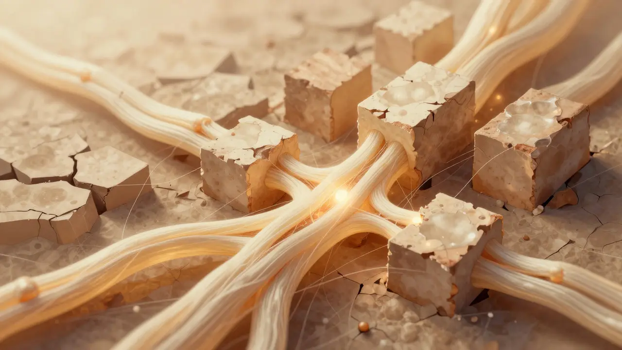 Kolagenová vlákna opravují poškozenou chrupavku jako stavební kameny.