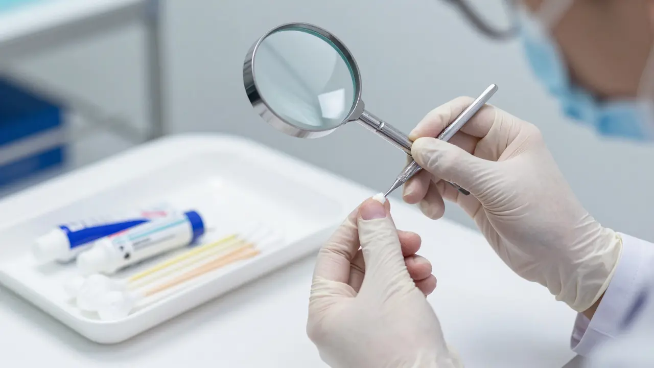 Lékař sbírá vzorek z infikovaného nehtu pro laboratorní test.