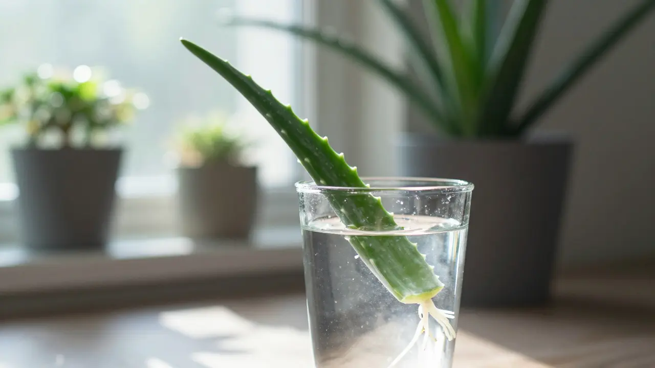 Odříznutý list aloe vera v sklenici s prvními kořínky, symbolizující rozšiřování rostliny.