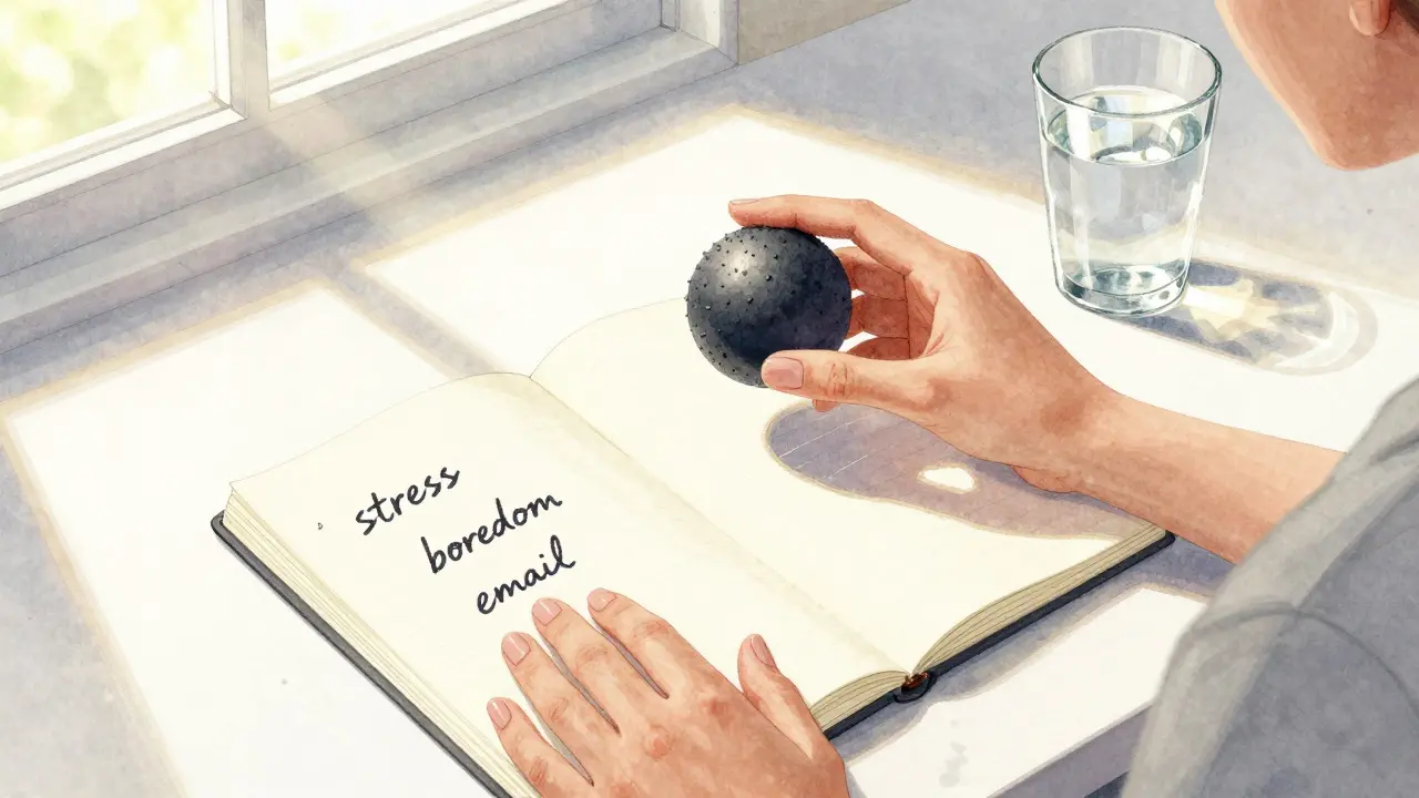 Osoba sedí u stolu, drží stresový míček a má zaznamenané příčiny kousání nehtů v sešitu.