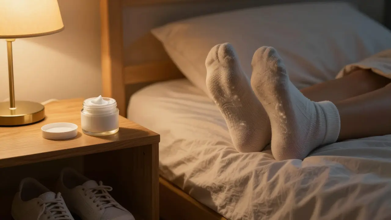 Osoba v bavlněných ponožkách na posteli s krémem na noční stole.
