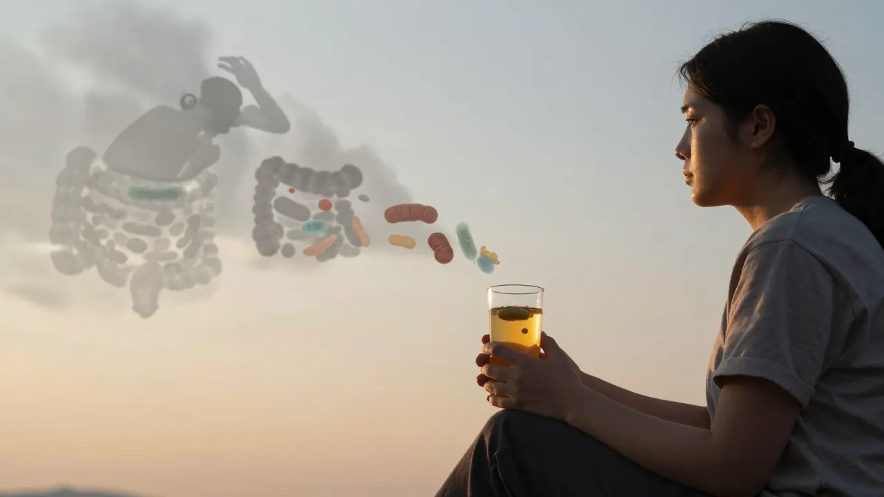 Osoba v klidu ráno pije kombuchu, zatímco její střevní mikroflóra se obnovuje — stres a nezdravé návyky se rozpouštějí v mlze.