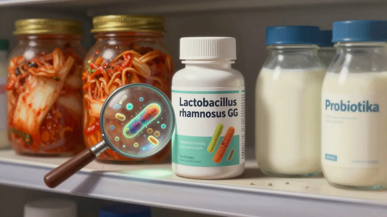Polička s doplňky stravy: jedna láhev s konkrétní kulturou, jiná s více typy probiotik.