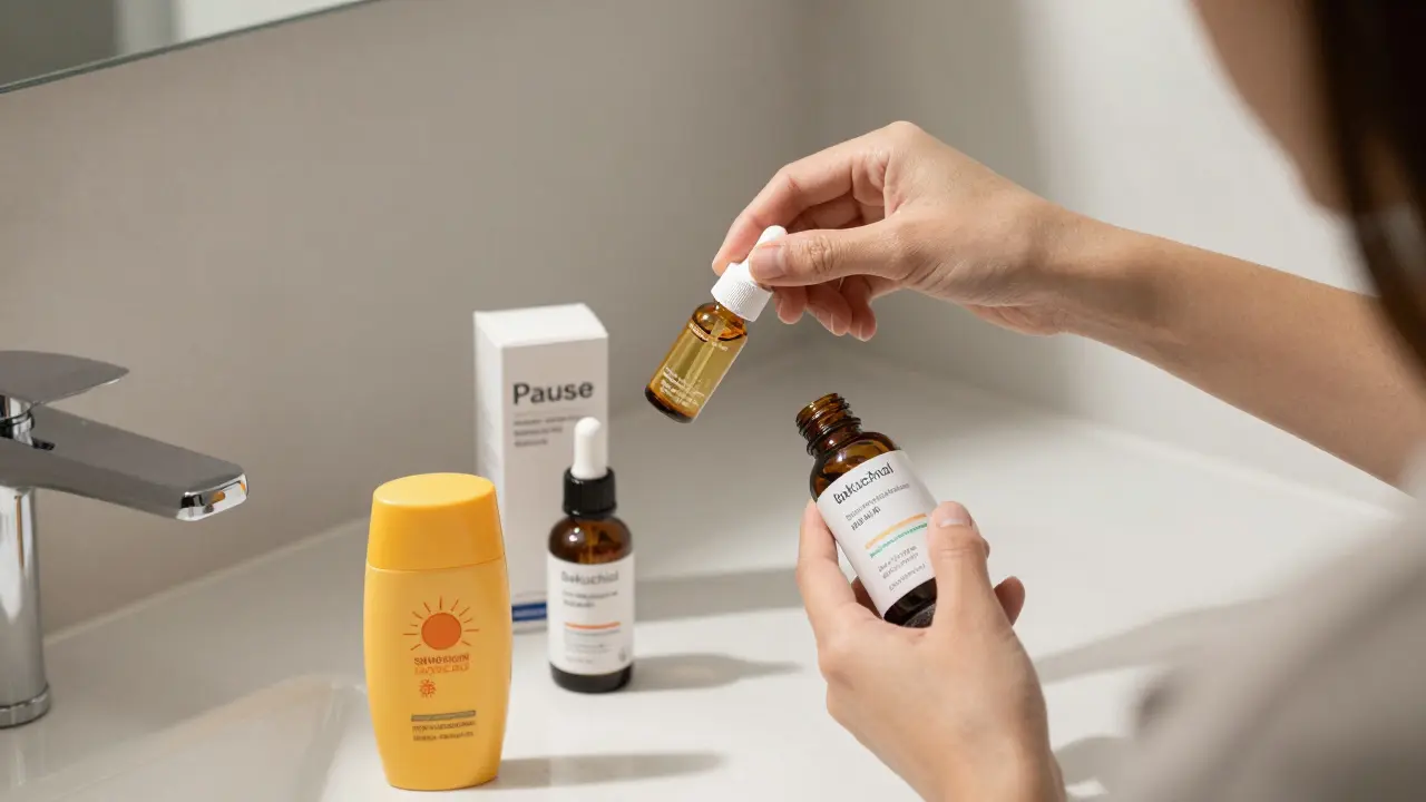 Přechod od retinolu k bakuchiolu a ceramidům, s SPF krémem na pozadí, klidný a nadějný vzhled.