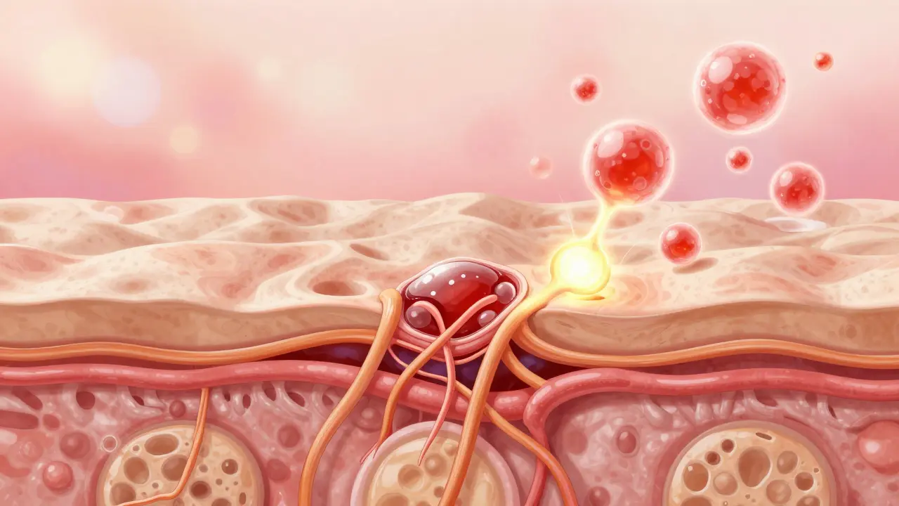 Příčný řez kůže s kolagenovými vlákny a molekulami elastinu.