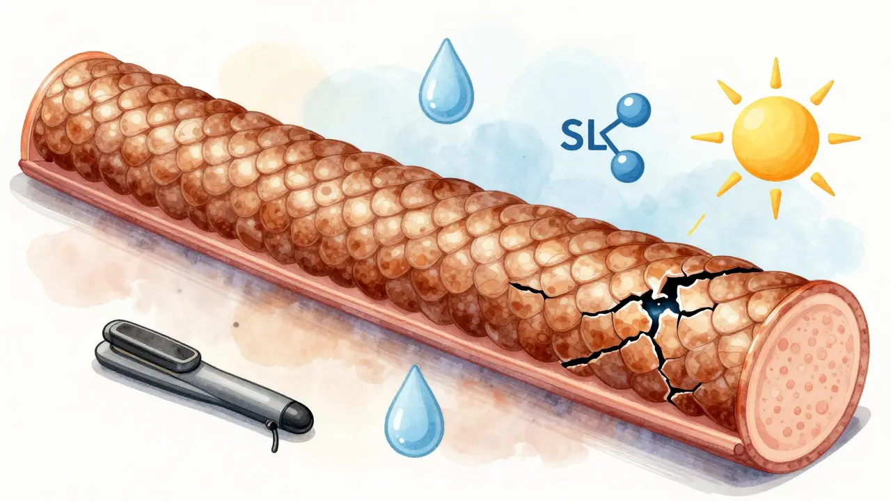 Průřez lidského vlasu s porovnáním zdravé a poškozené cuticuly.