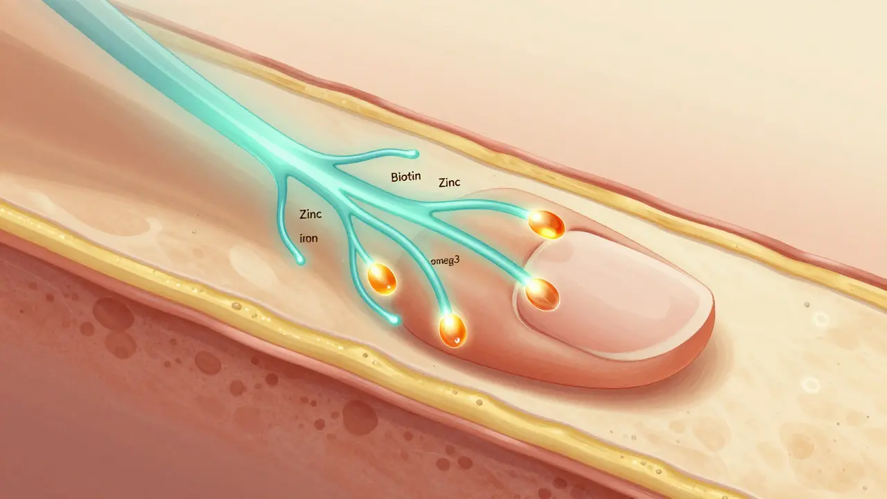 Průřez nehtové matice s proudy živin jako biotin, zinek a železo cestujících krví do nehtu.