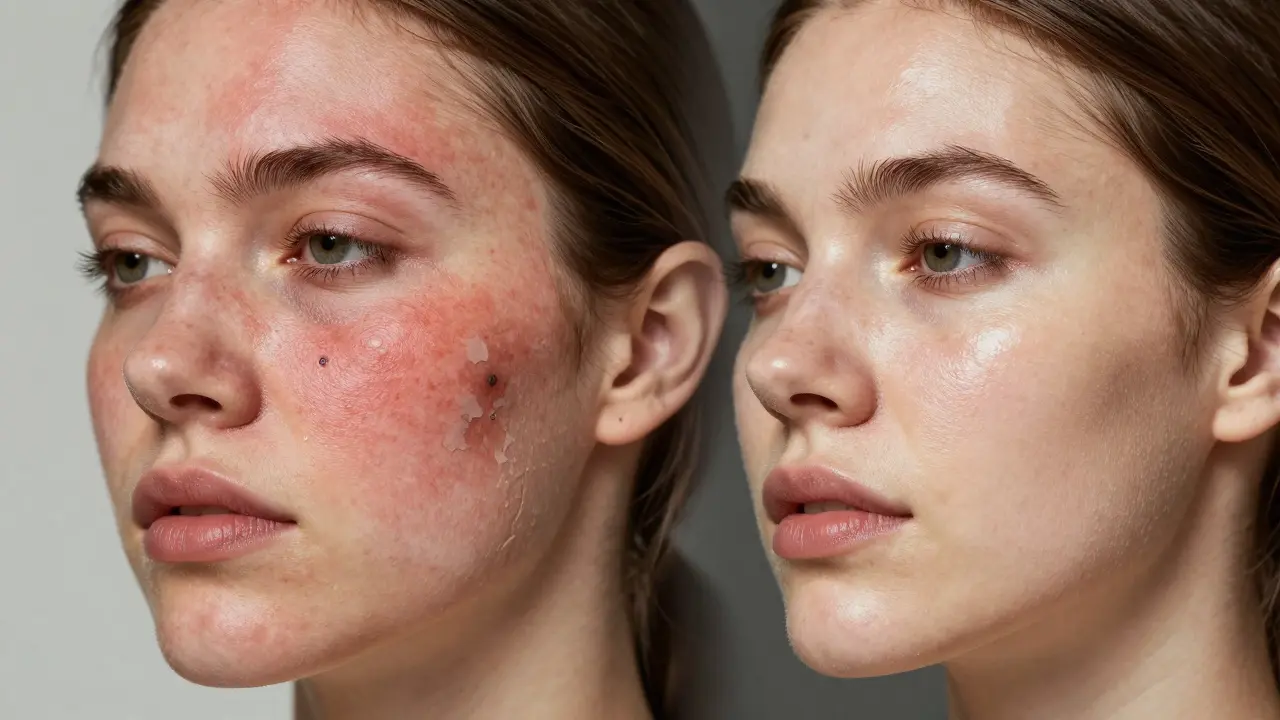 Rozdělený obličej: poškozená pokožka vlevo, zdravá vpravo po správné péči.