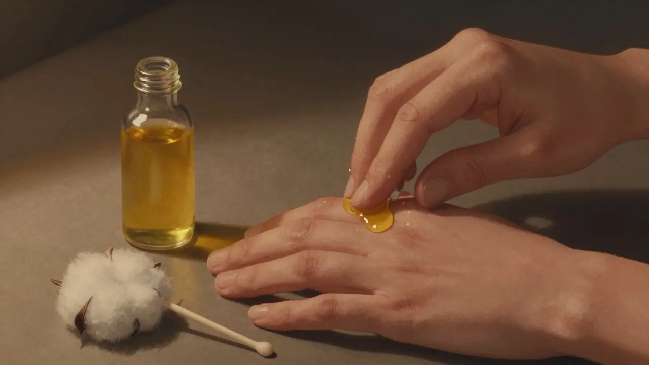 Ruka masírující kastorový olej na nehtech v tichém osvětlení večerního času.