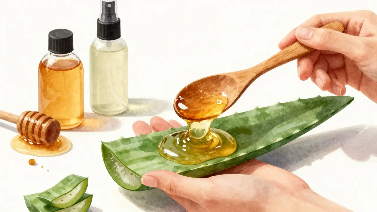 Ruka sbírá zlatý aloe vera žel z listu pomocí dřevěné lžíce s medem a kvasnicemi.