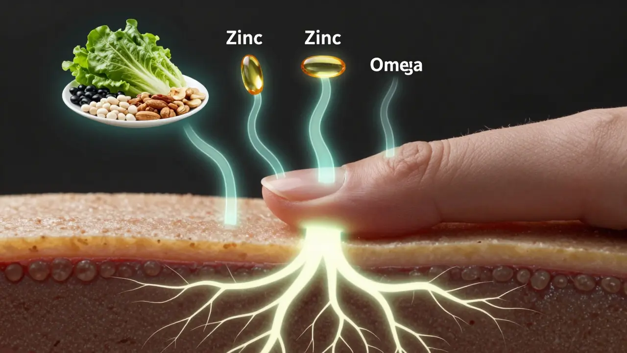 Symbolický pohled na matici nehtu napájenou živinami z potravy jako zdrojem síly.