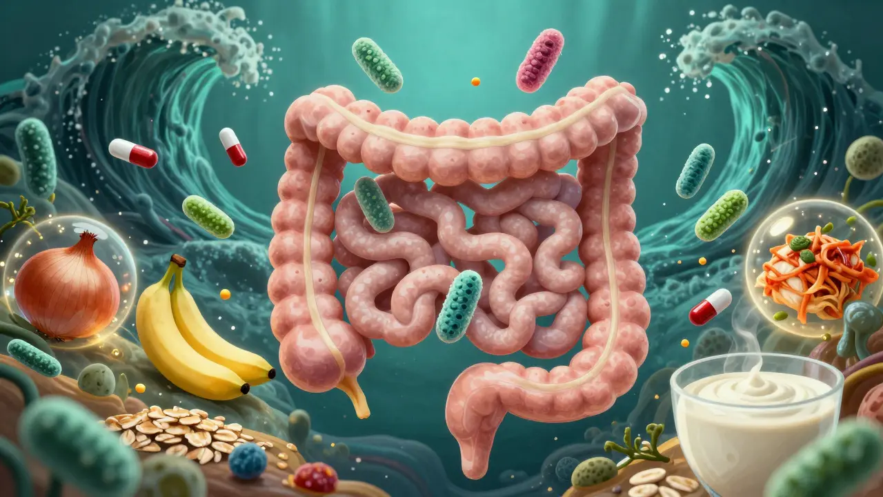 Umělý náčrt střevní mikroflóry s probiotiky a prebiotiky proti antibiotikům