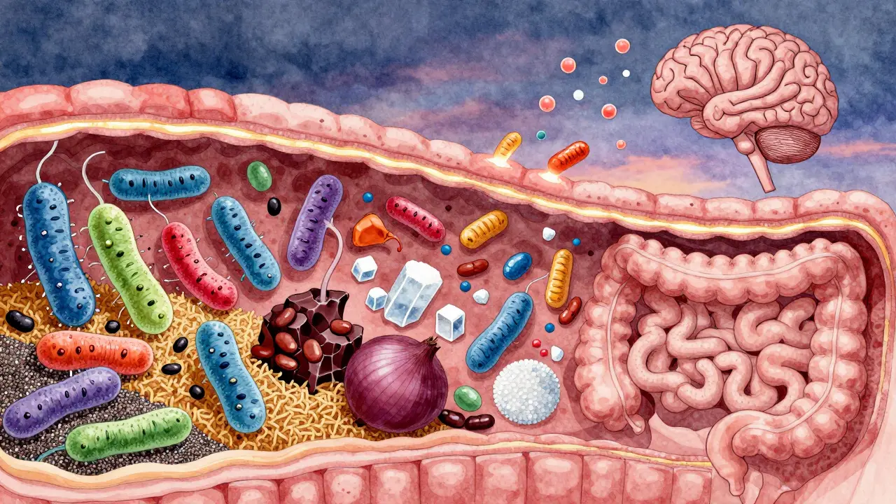 Vnitřek střev jako živý ekosystém: užitečné bakterie rostou kolem vlákniny, zatímco škodlivé sladidla a cukr jsou znázorněny jako ničivé prvky.