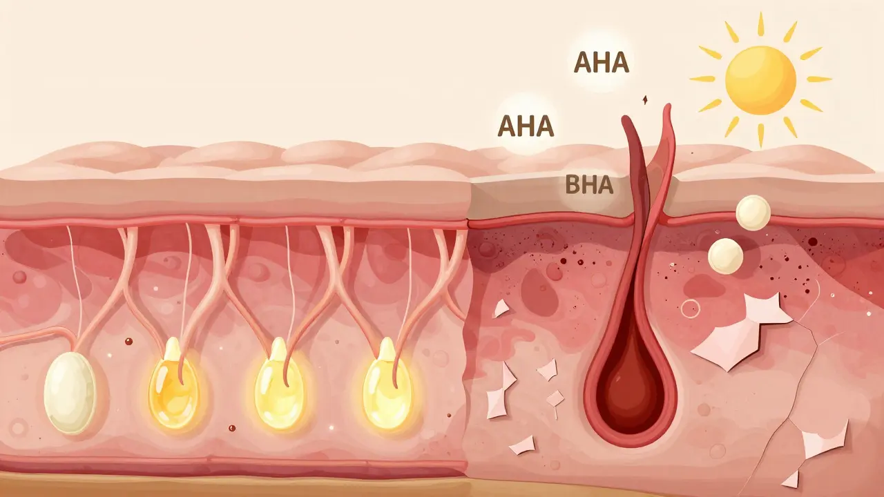 Vnitřní řez kůže: jedna strana zdravá s kolagenem, druhá podrážděná a odlupující se, s symboly kyselin a slunce.