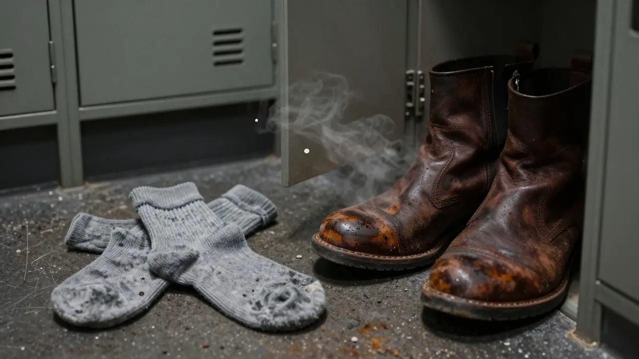 Zamáčené ponožky a boty v locker roomu, zdroj houbové infekce.