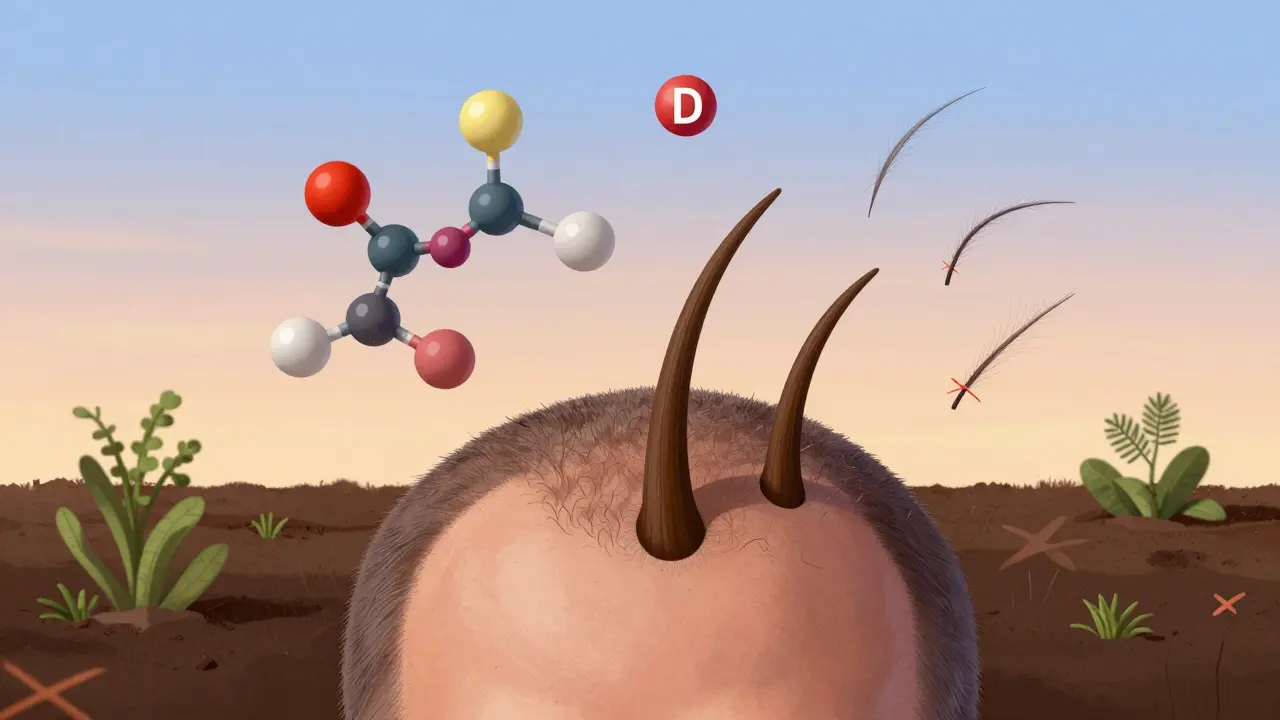 Zdravé vlasové folikuly rostou z pokožky, kolem nich plavou živiny.