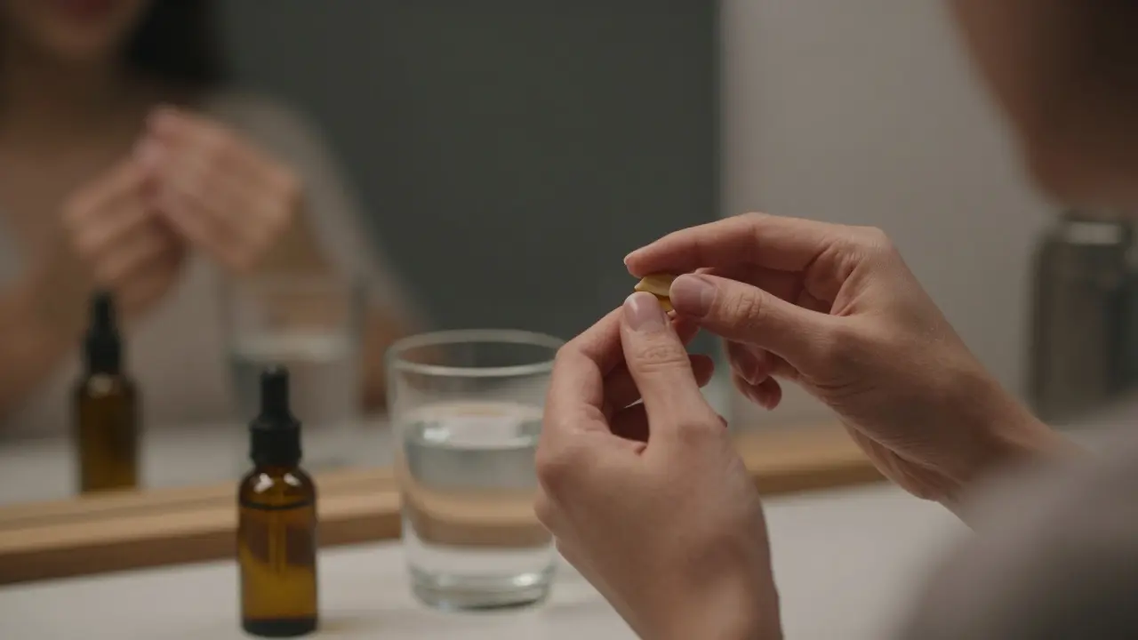 Žena masíruje prsty olejem ve večerním osvětlení, vedle ní sklenice vody a láhev oleje.