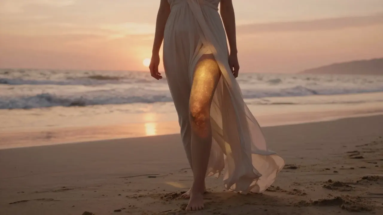 Žena na pláži při západu slunce s leskem na kůži vytvořeným tělovým pudrem.