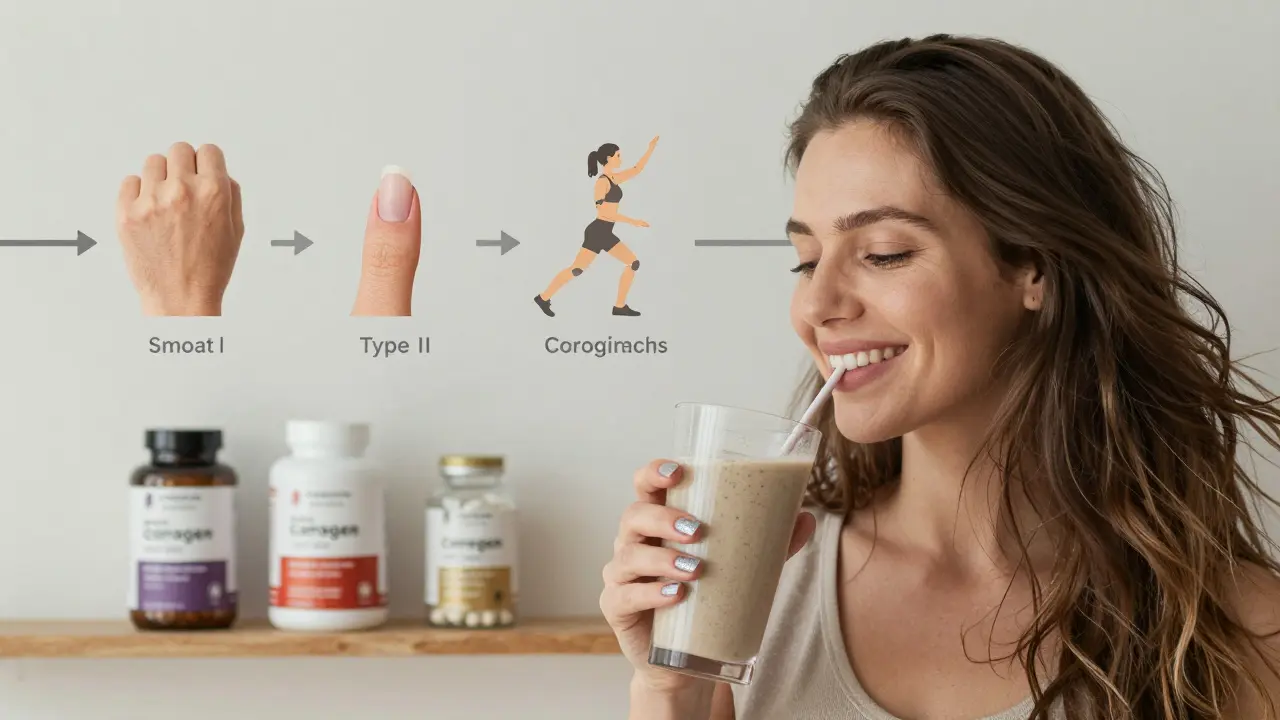 Žena pije smoothie s kolagenem, má silné nehty a lesklé vlasy.