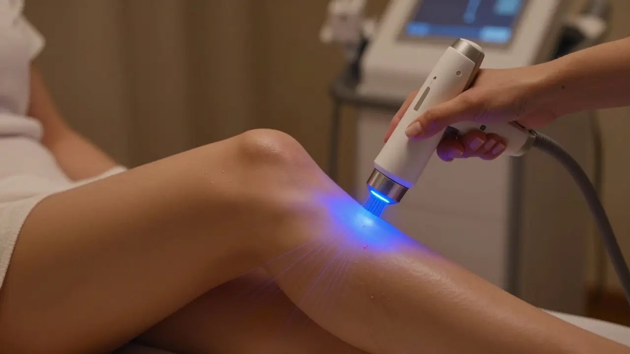 Žena používá laserové zařízení na noze s viditelnými laserovými paprsky.