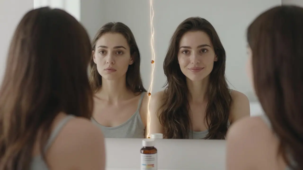 Žena v zrcadle vidí dvě verze sebe — s řídkými a hustými vlasy.