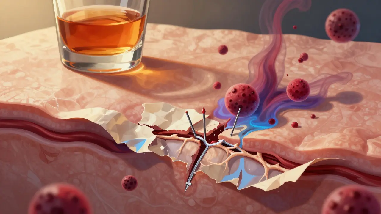 Zvětšený pohled na poškozené kolagenové vlákna a toxiny v kůži.