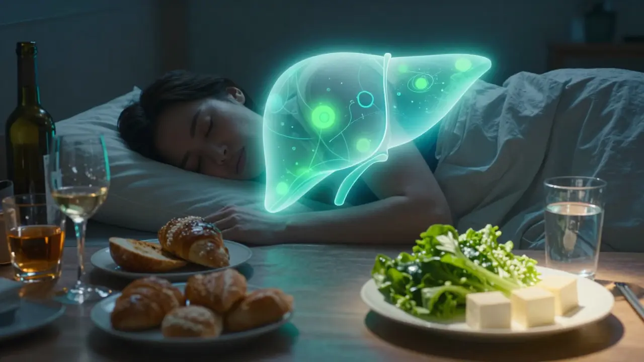 Člověk spí v noci, nad ním se regeneruje játra, zatímco škodlivé návyky mizí.