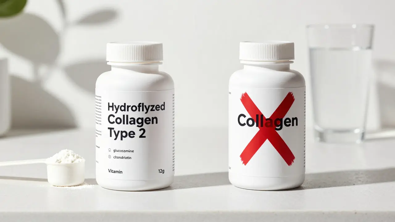 Dva balíčky doplňků: jeden s jasně uvedeným hydrolyzovaným kolagenem typu 2 a doplňky, druhý s obecným kolagenem a červeným křížkem.