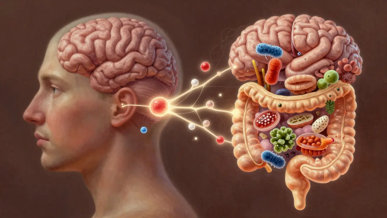 Dvoustranný portrét obličeje a střevního mikrobiomu propojeného nervovým vláknem.