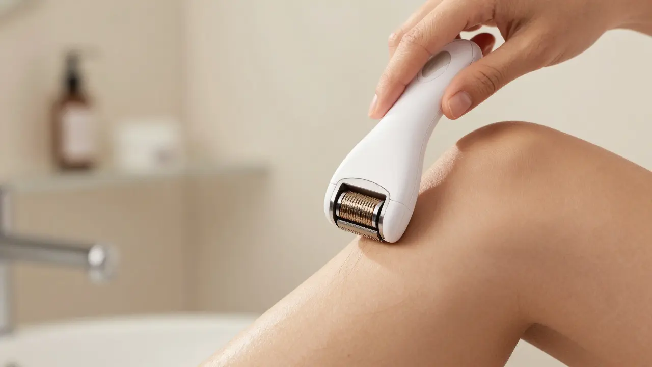 Epilátor s rotujícími kleštěmi během použití na noze