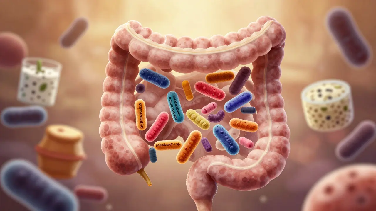 Ilustrace střev s obnovujícími se příznivými bakteriemi a fermentovanými potravinami v pozadí.