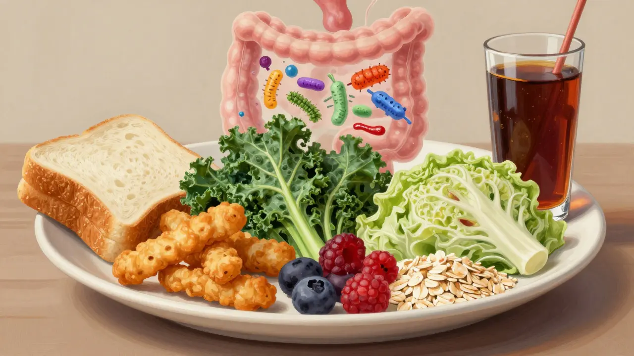 Jídlo na talíři: zpracované potraviny vs. celozrnné a fermentované potraviny.