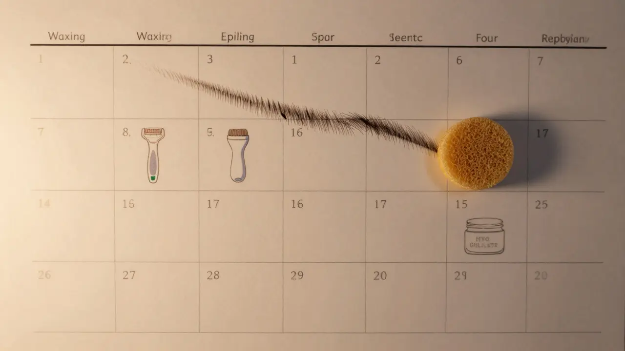 Kalendář znázorňující postupné zpomalení růstu chloupku pomocí různých metod.