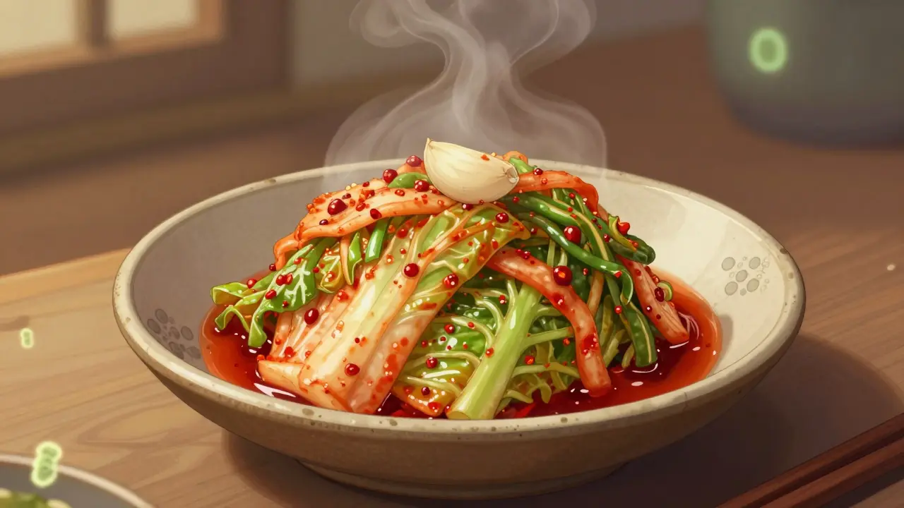 Korejské kimči v keramické míse s červenými chilli a česnekem