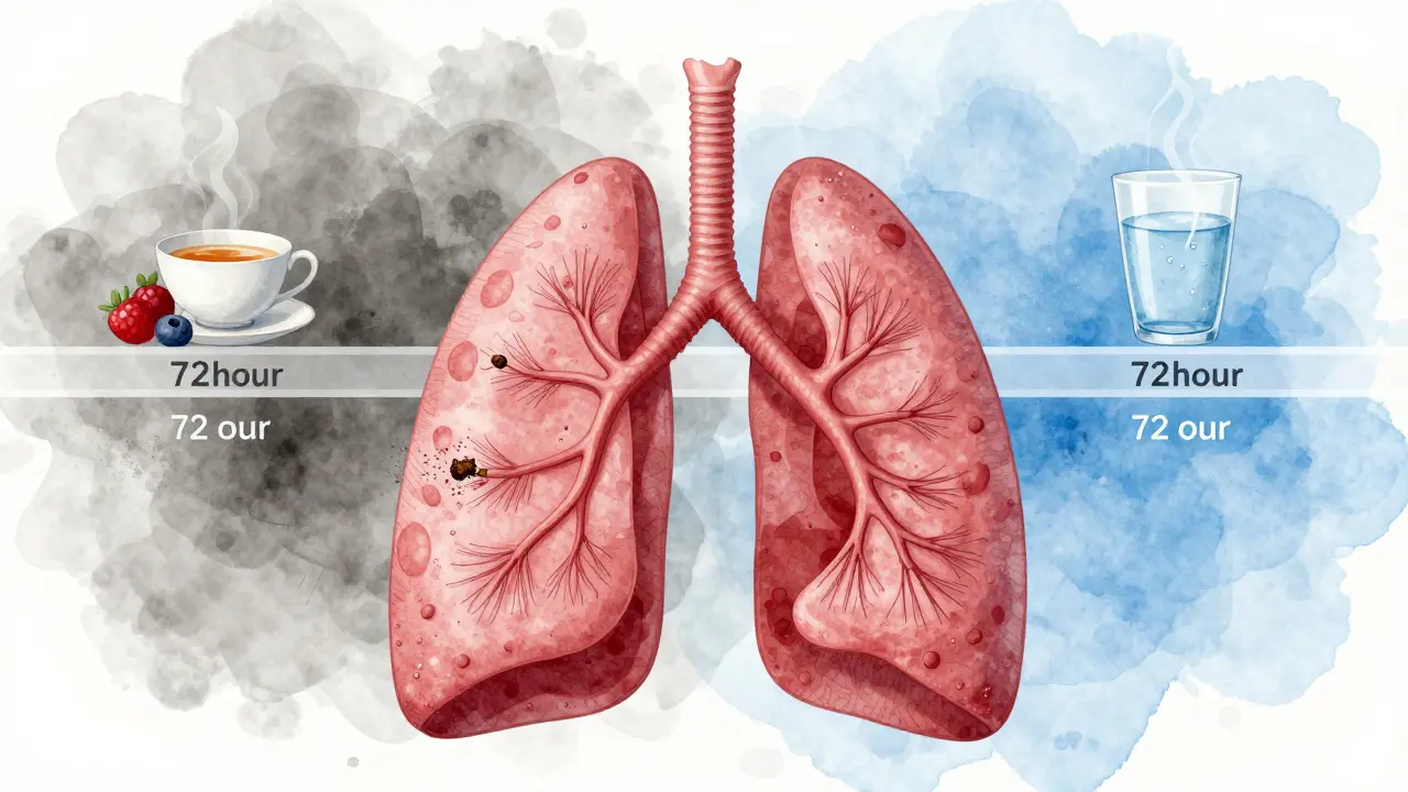 Lidské plicní tkáně s pohybujícími se řasinkami, vylučující smůlu a těžké kovy, symbolizující čištění po 72 hodinách.