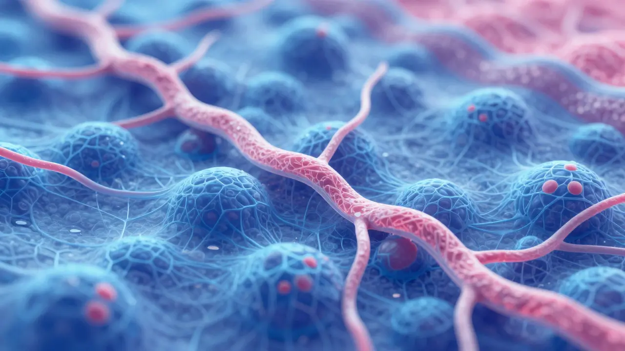 Mikroskopický pohled na tvorbu kolagenu v kůži, abstraktní modro-ružové barvy