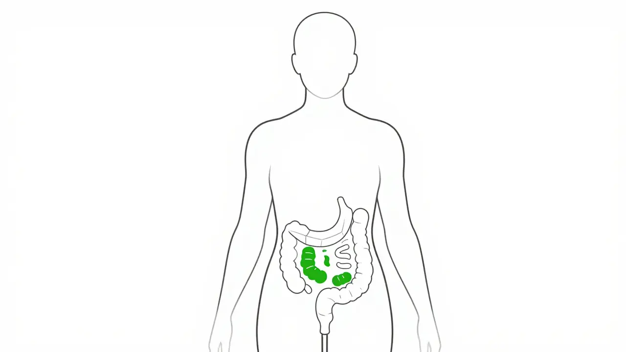 Minimální čárový náčrt zdravého střeva s geometrickými bakteriemi.