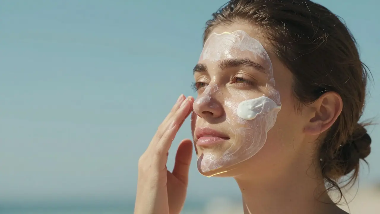 Osoba aplikuje sluneční krém za denního světla s ochranným štítem