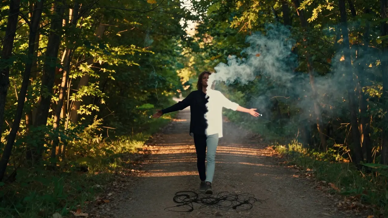 Osoba kráčející lesní cestou, její stín se rozdvojuje na kouřový a volný, symbolizující obnovu po měsících bez cigaret.