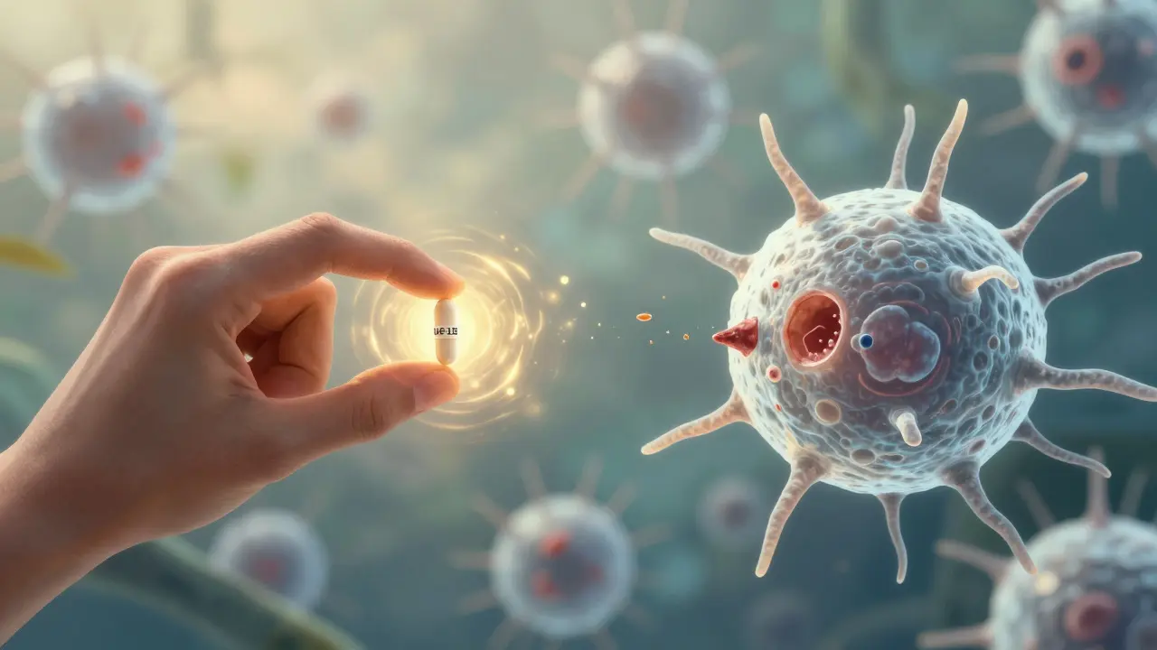 Osoba užívající UC-II kolagen, zatímco imunitní buňka míjí poškozenou chrupavku bez útoku.