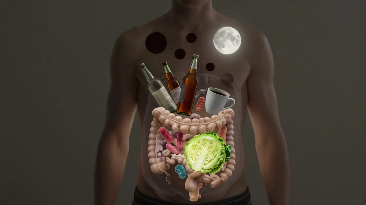 Průhledné břicho s mikroflórou pod útokem alkoholu, kofeinu a nedostatku spánku.